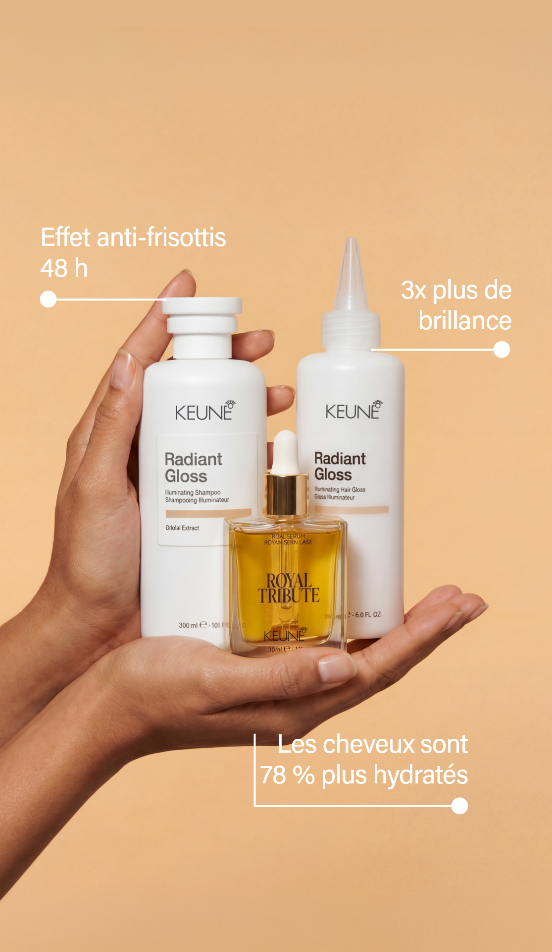 Radiant Gloss Hair Gloss est parfait pour cheveux ternes. Sa formule légère combat les frisottis, laissant tes cheveux brillants et sains – produits capillaires Keune sur keune.ch.